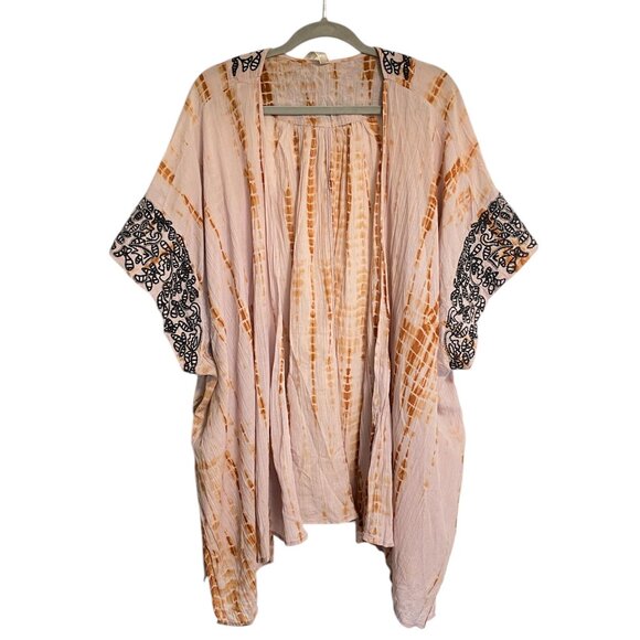 Free People Love Triangle Blush Rust Tie Dye Black Embroidered Kimono S - Picture 1 of 7